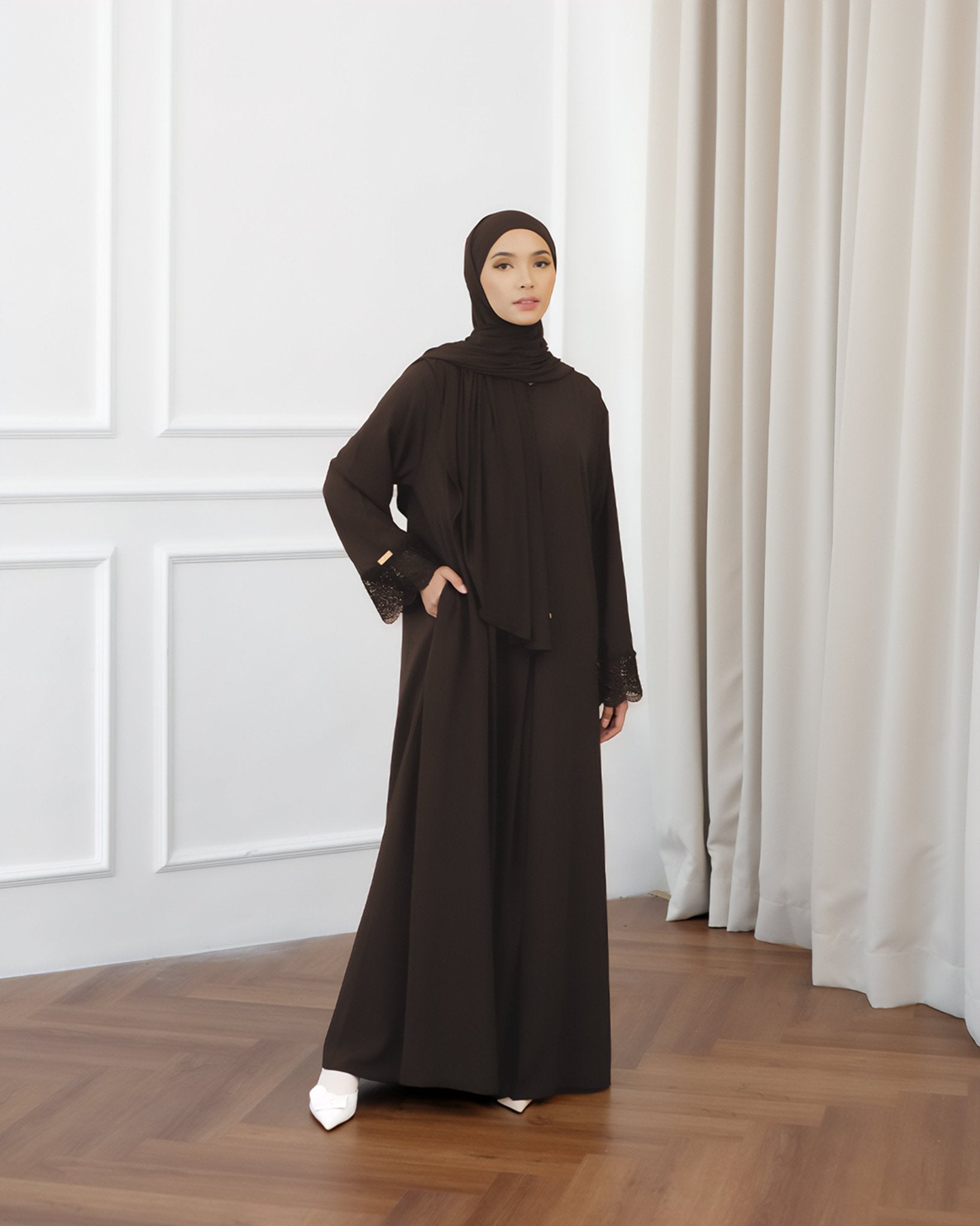 Meena Lace Abaya Mahogany by Tubita - TUBITA
