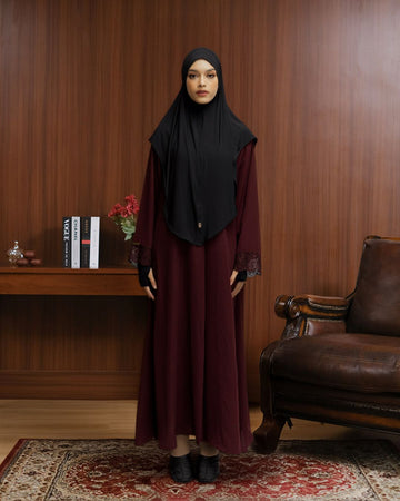 Meena Lace Abaya Burgundy by Tubita - Baju Umroh Wanita - TUBITA