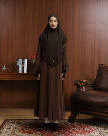 Meena Lace Abaya Mahogany by Tubita - Baju Umroh Wanita - TUBITA