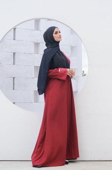 Meena Lace Abaya Maroon x Velora Pashmina