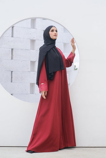 Meena Lace Abaya Maroon x Velora Pashmina