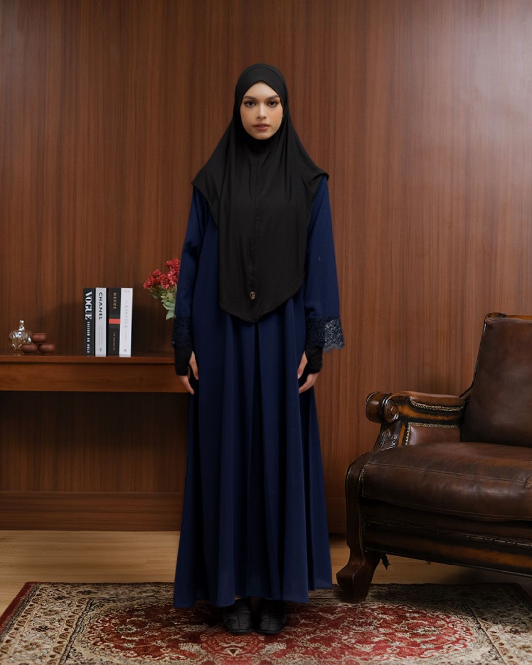 Meena Lace Abaya Navy by Tubita - Baju Umroh Wanita - TUBITA